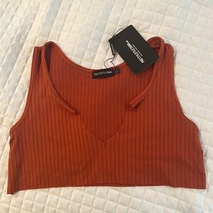 Pretty Little Thing Burnt Orange rob Deep V Raw Edge Crop Top